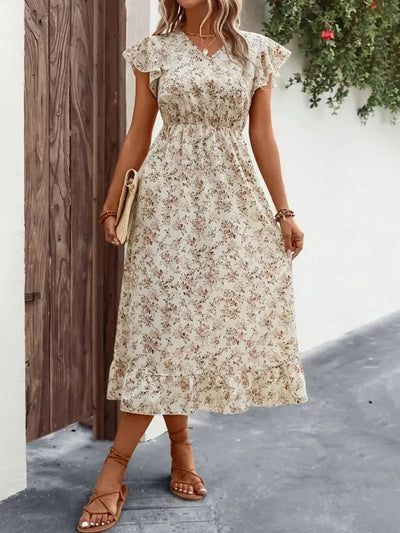 Ruffled Floral V-Neck Cap Sleeve Dress