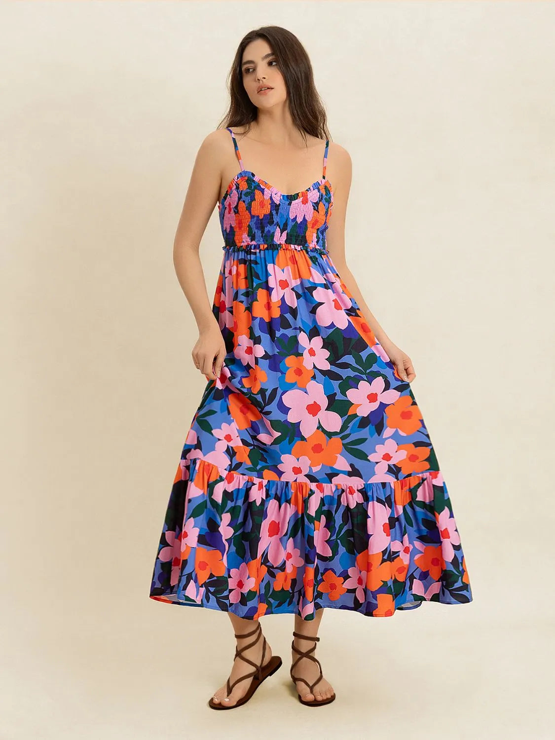 Smocked Back Ruffled Hem Printed Cami Dress