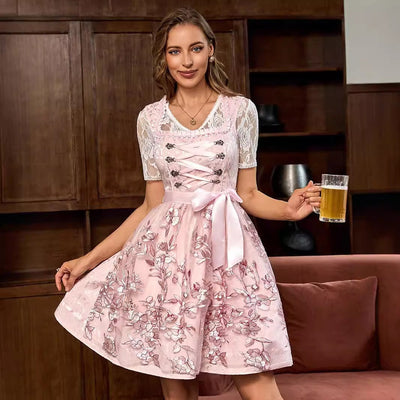 Oktoberfest Pink Floral Dirndl Dress with Apron