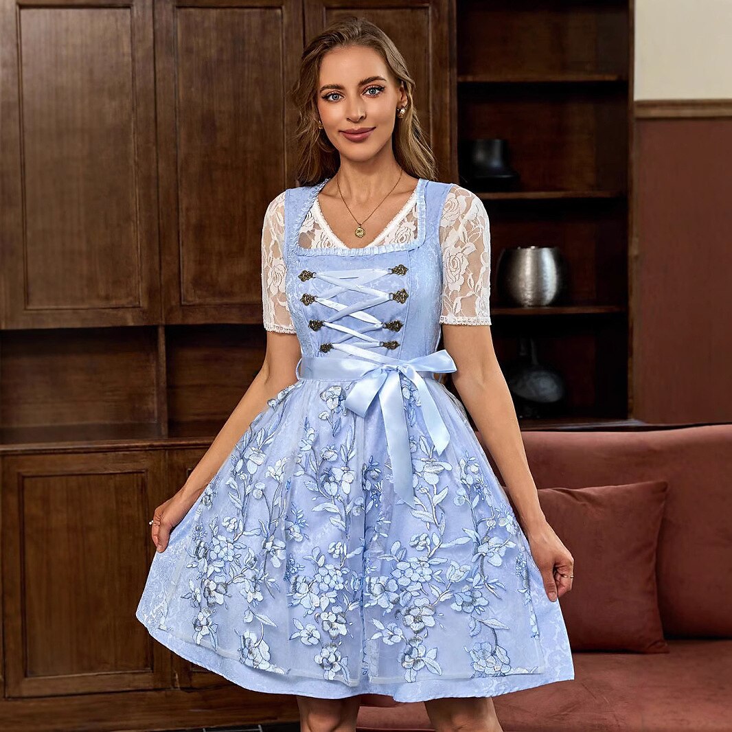 Oktoberfest Blue Dirndl Dress with Floral Apron