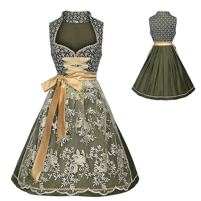 Oktoberfest Green Embroidered Dirndl Dress with Apron