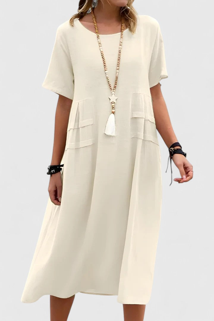 Chloe | Lockeres Midi-Kleid mit kurzen Ärmeln und praktischen Taschen