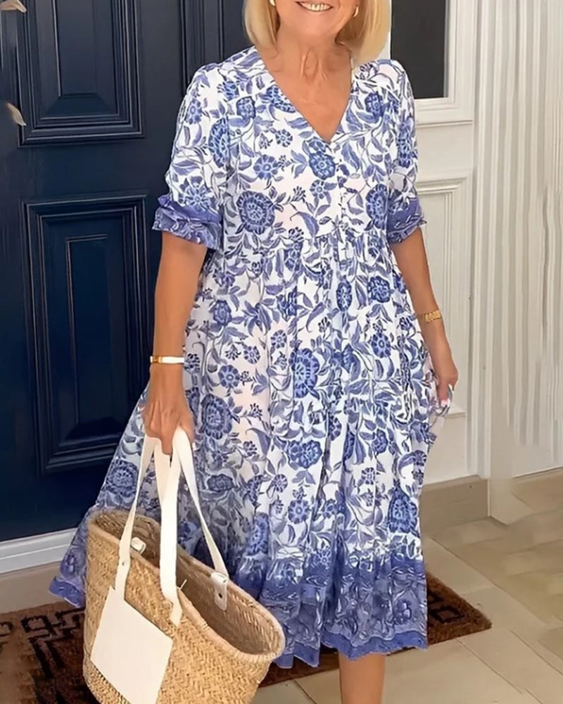 Macrina | Elegantes Blumenkleid Damen V-Ausschnitt für Frühling Sommer