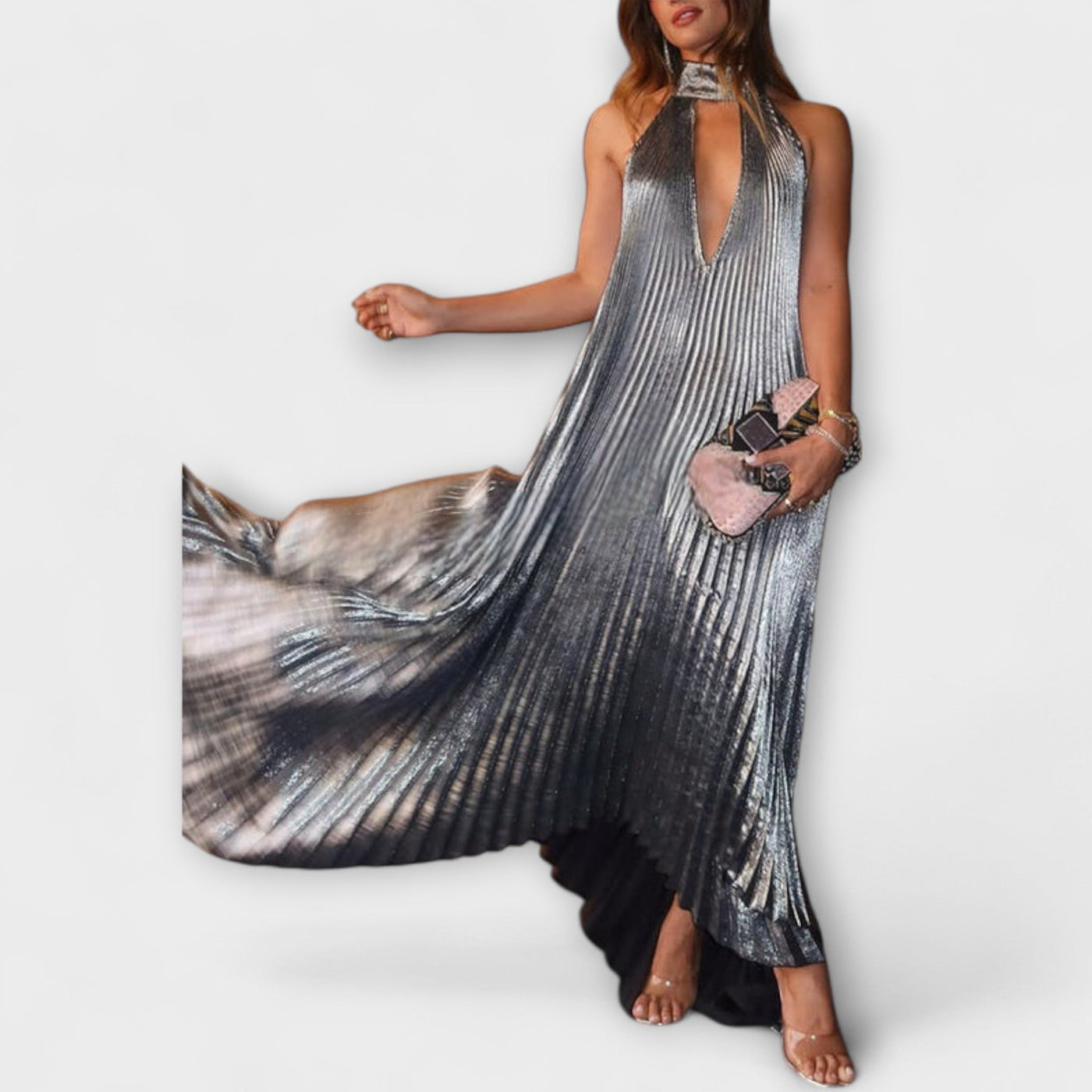 Calliope - Metallic Plissé A-Linien Maxikleid