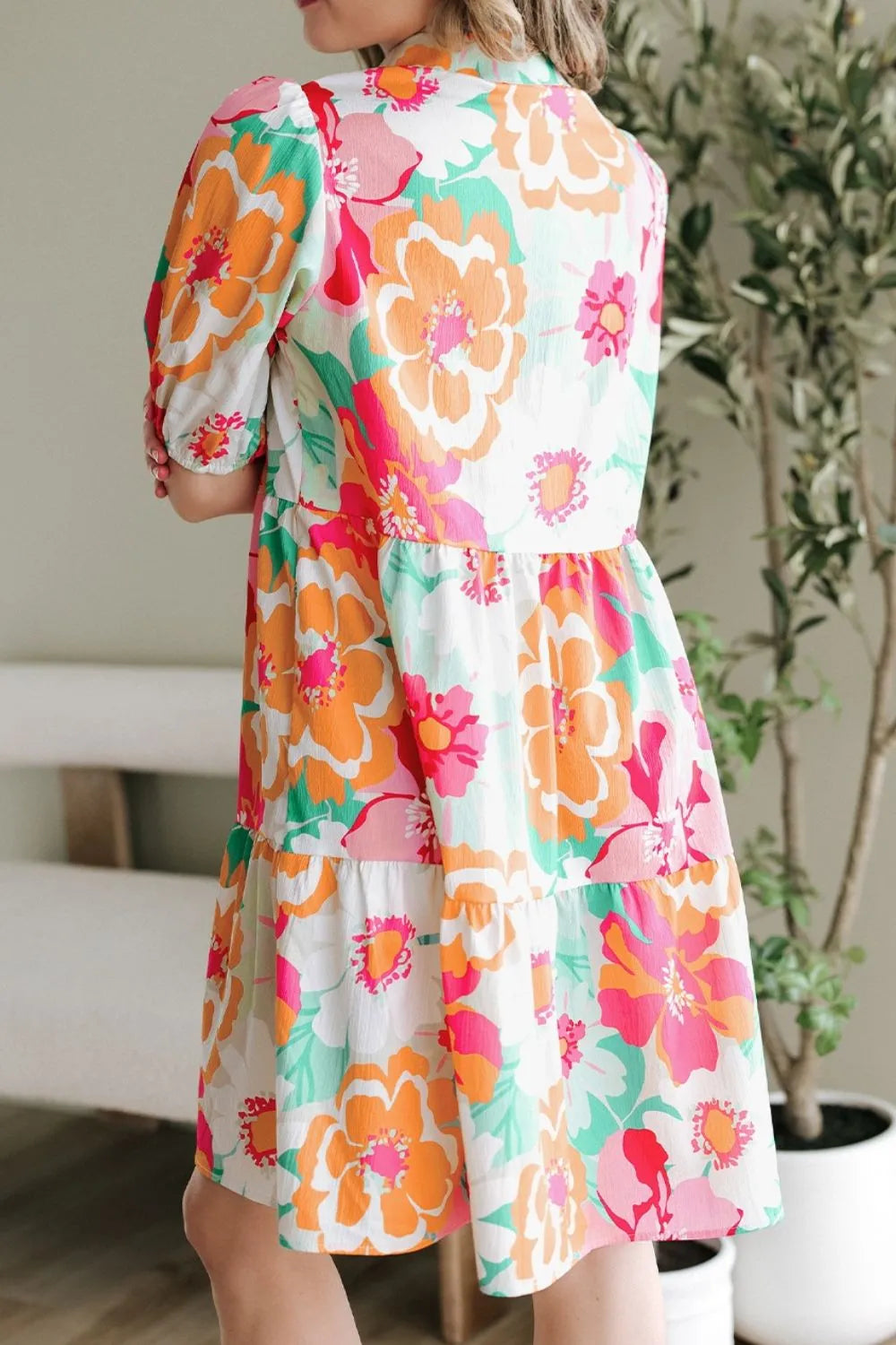 Button Down Floral Puff Sleeve Babydoll Dress