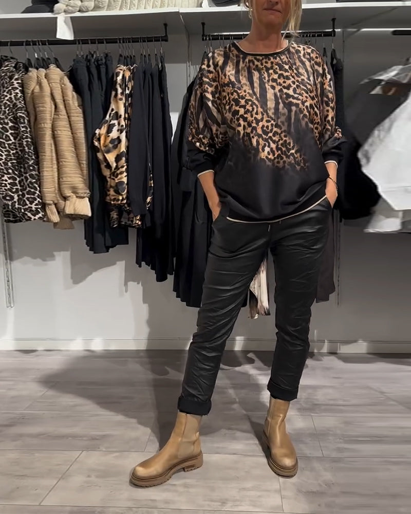 Lässige Bluse mit Leopardenmuster und Rundhalsausschnitt für Damen