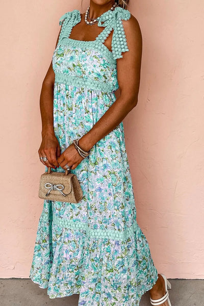 Lace Detail Square Neck Floral Dress