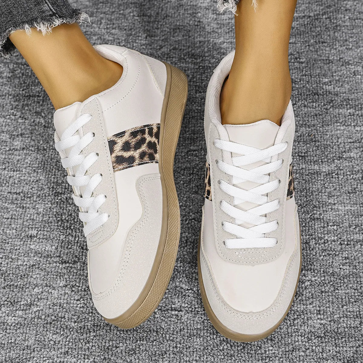 Leopard Lace Up Round Toe Sneakers