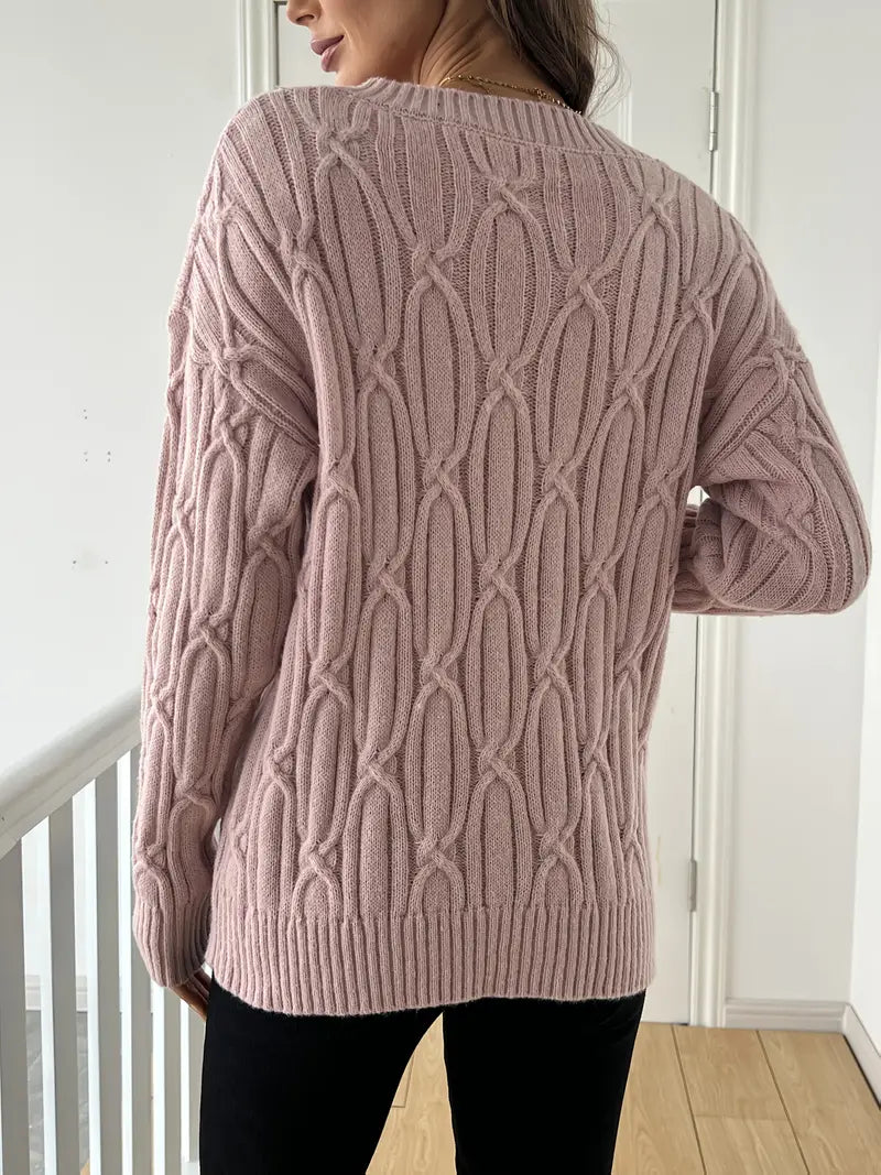 SCHLICHTER V-AUSSCHNITT KABELSTRICKPULLOVER FÜR DAMEN | ELEGANTER, BEQUEMER STIL