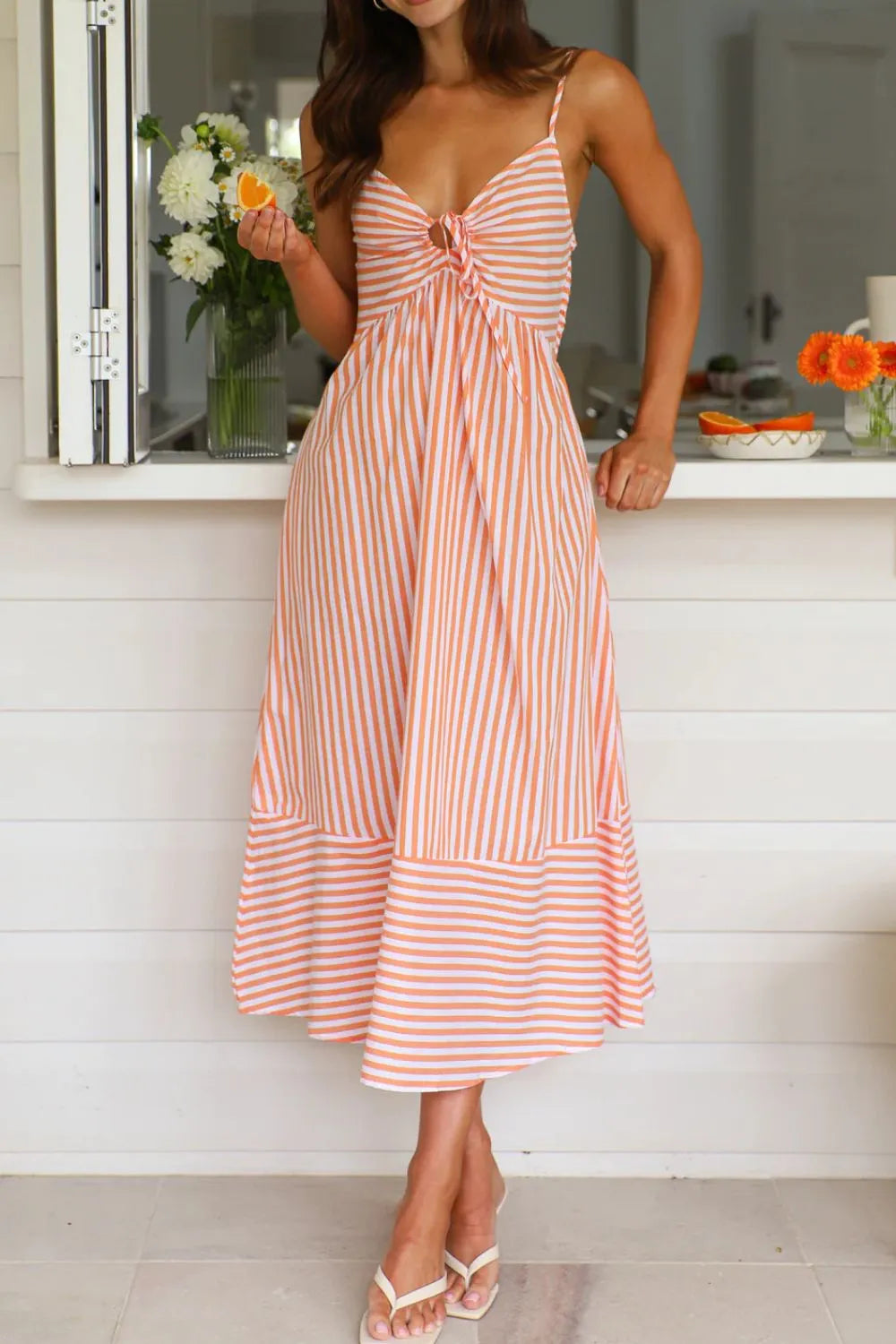 Smocked Back Striped Sleeveless Midi Cami Dress