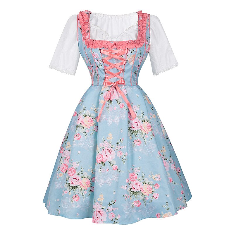 Oktoberfest Embroidered Dirndl Dress with Checkered Apron and Blouse