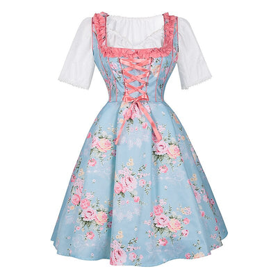 Oktoberfest Embroidered Dirndl Dress with Checkered Apron and Blouse