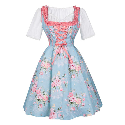 Oktoberfest Pink Floral Dirndl Dress with Apron and Blouse