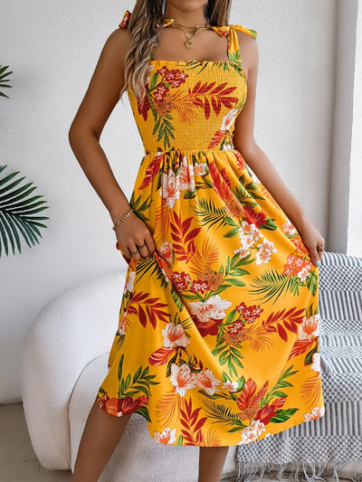 Smocked Floral Tie Shoulder Midi Dress