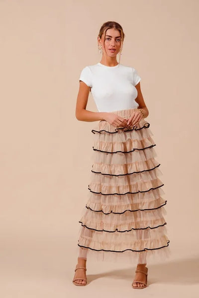 SO ME Layered Ruffled Tulle Maxi Skirt