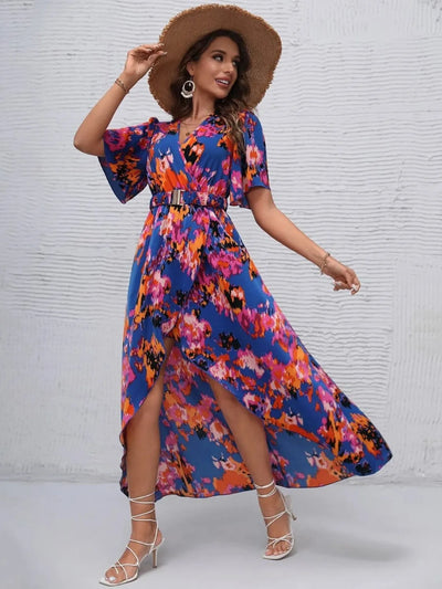 Printed Surplice Short Sleeve Maxi Dress