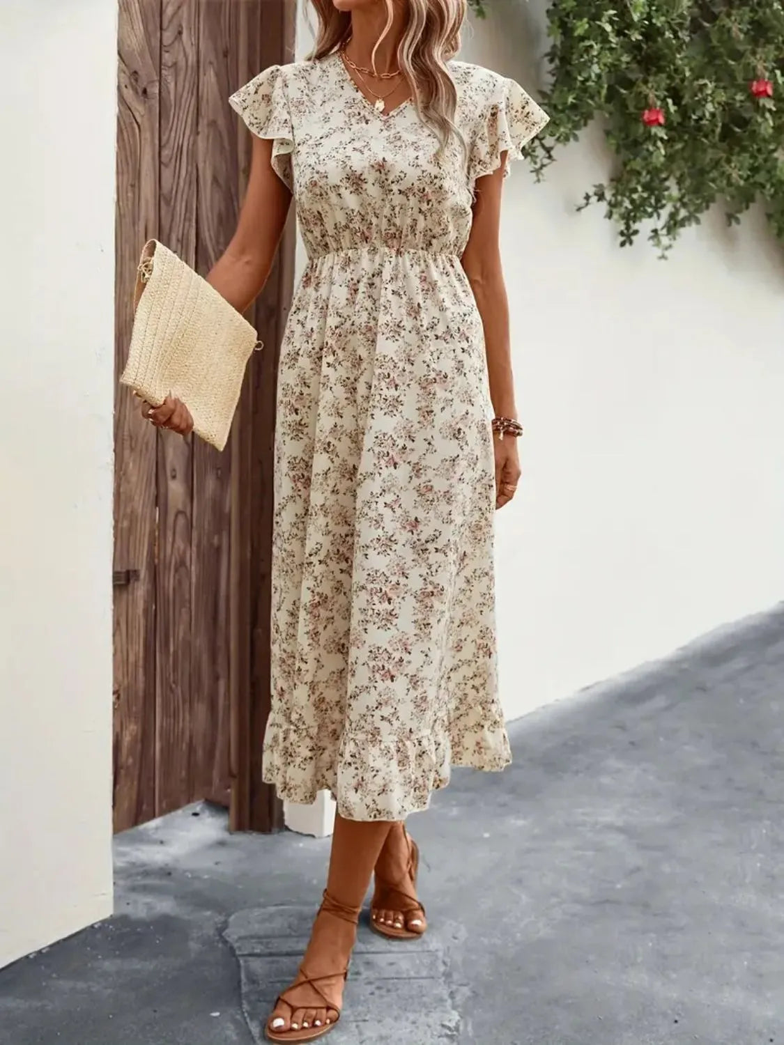 Ruffled Floral V-Neck Cap Sleeve Dress