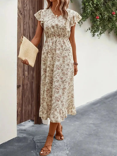Ruffled Floral V-Neck Cap Sleeve Dress