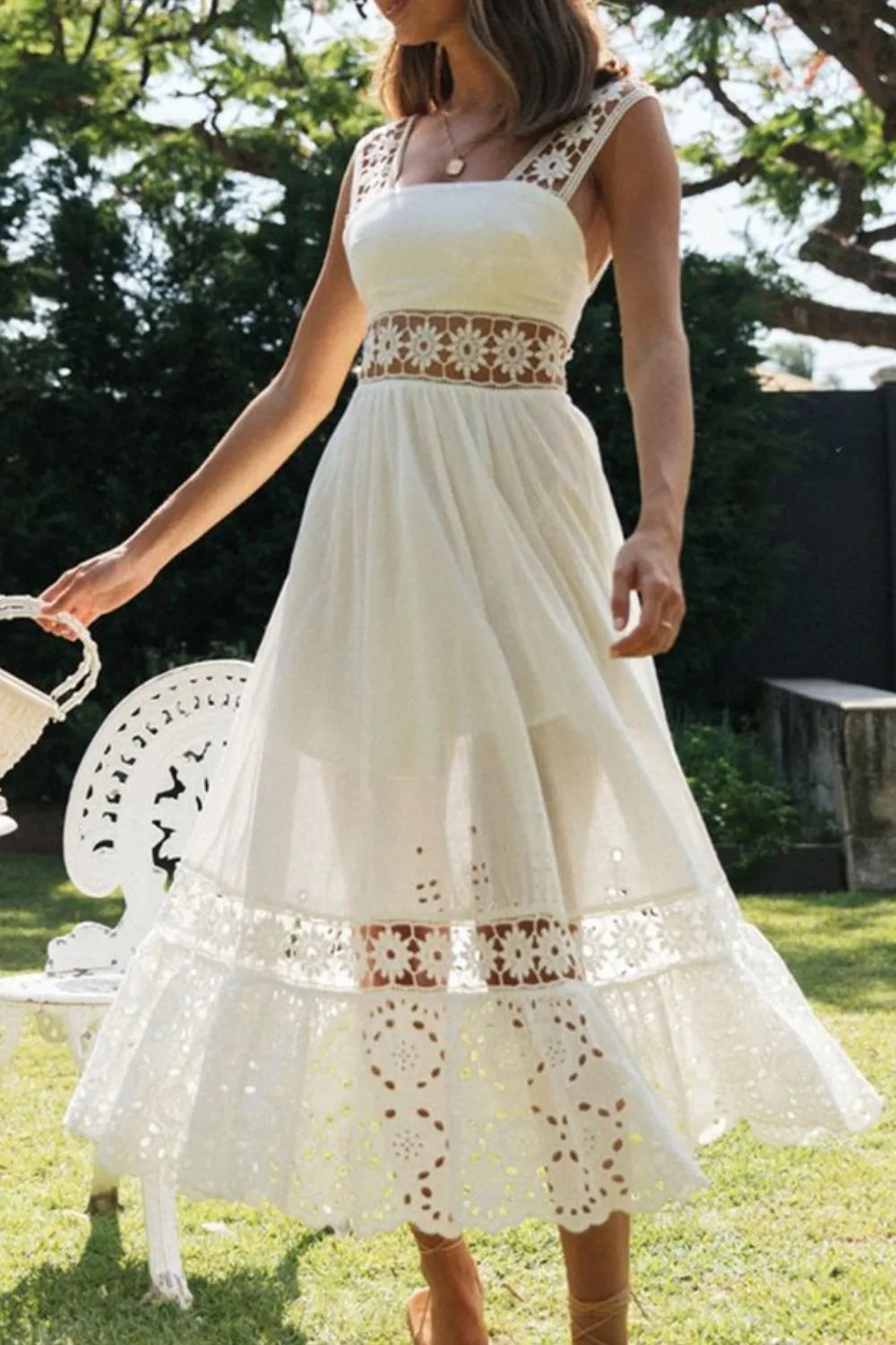 Lace Detail Square Neck Midi Cami Dress