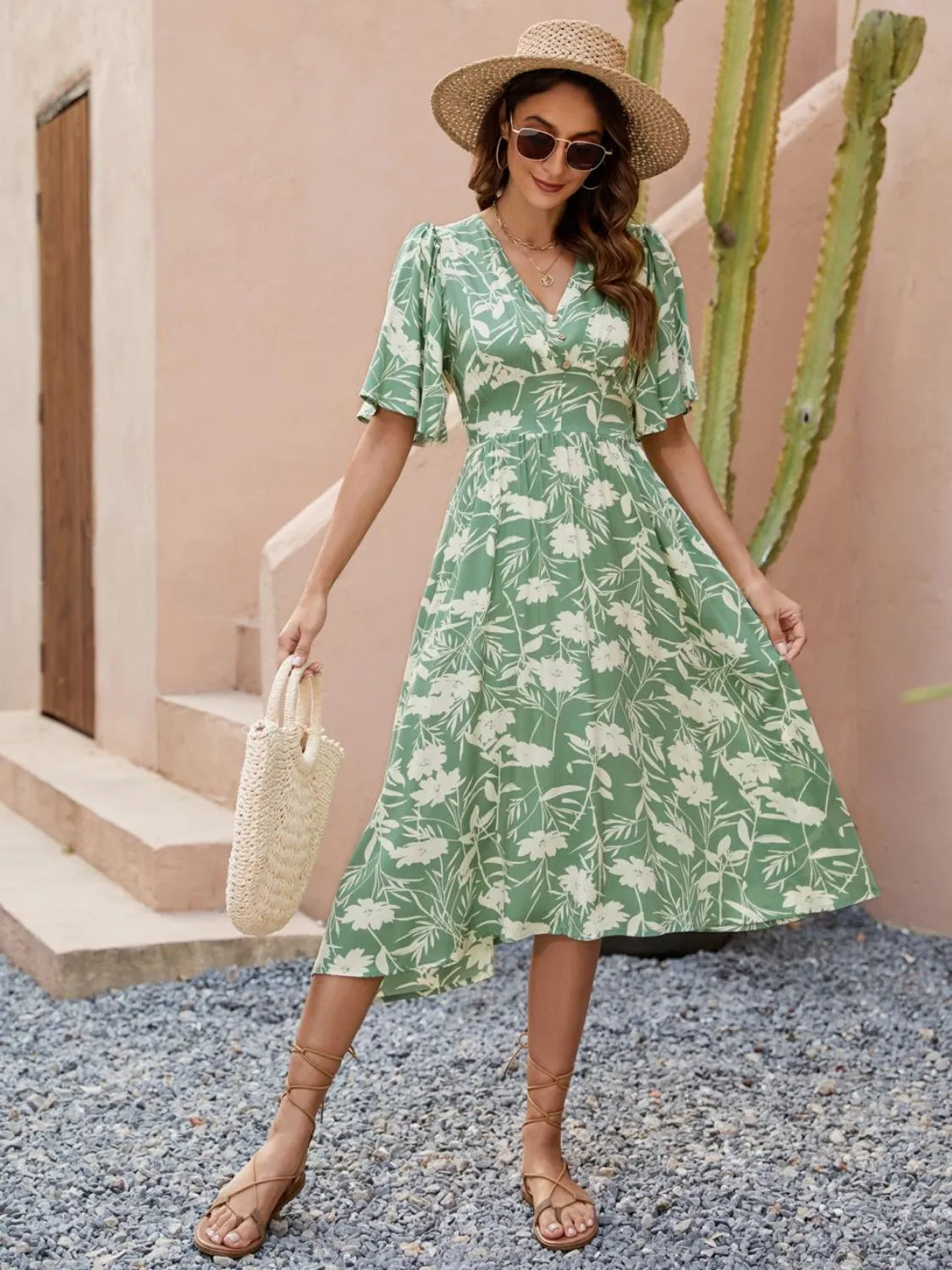 Printed V-Neck Flutter Sleeve Dress