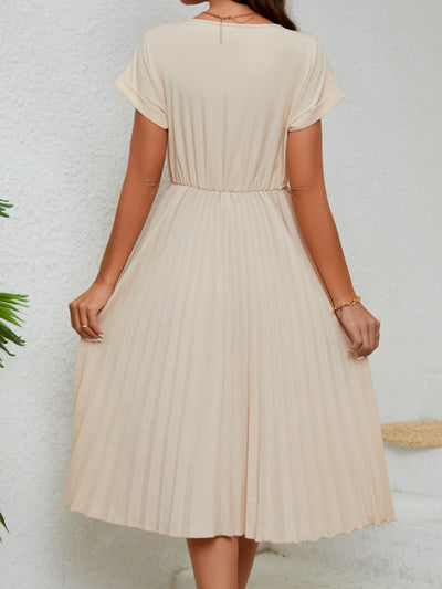 Elegantes Beiges Plissiertes Midi-Kleid für Damen