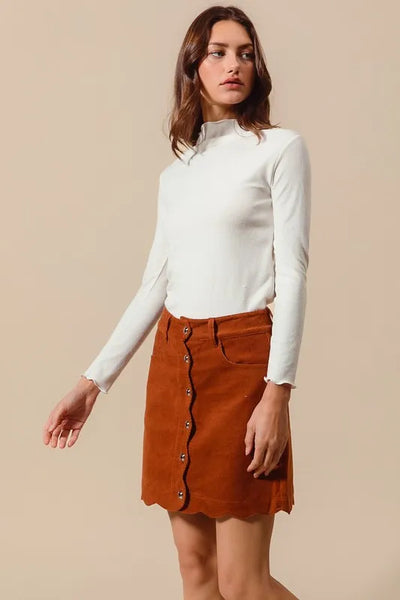 SO ME Scallop Buttoned Front Corduroy Mini Skirt