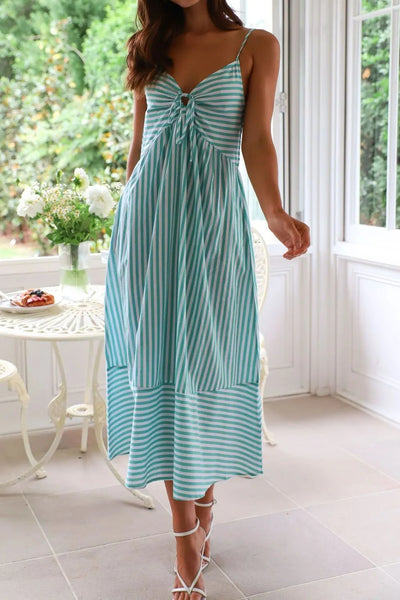 Smocked Back Striped Sleeveless Midi Cami Dress