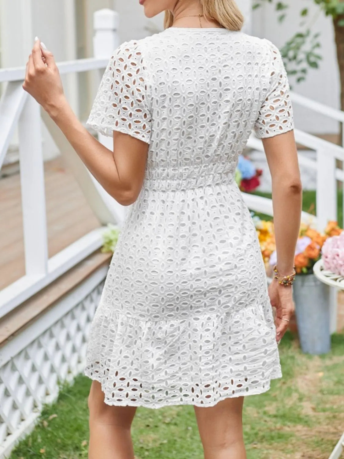 Eyelet Notched Short Sleeve Dress