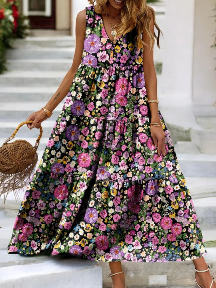Buntes geblümtes Kleid für Damen | Maxi
