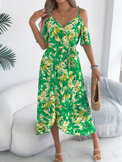 Printed Cold Shoulder Midi Cami Dress