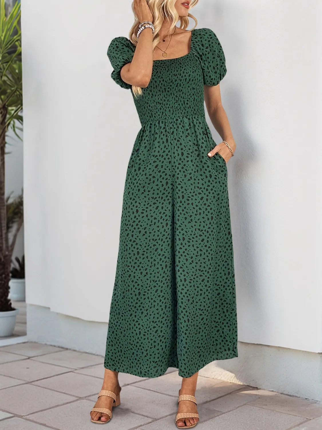 Printed Square Neck Puff Sleeve Jumpsuit