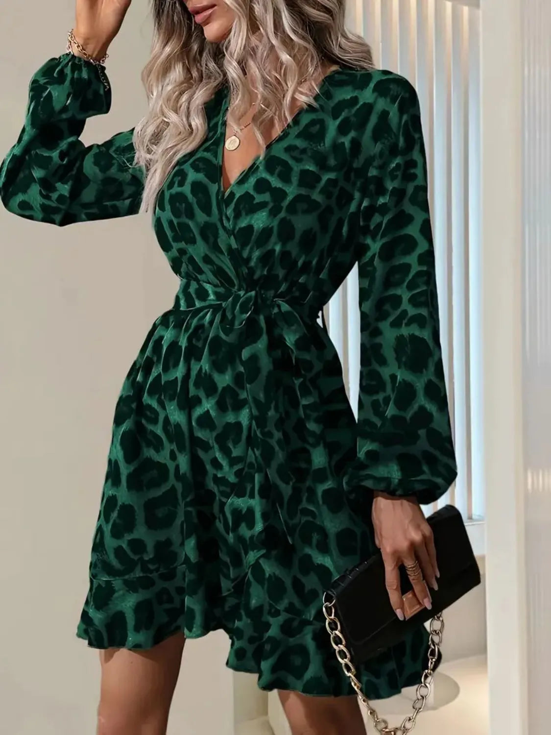 Printed Surplice Balloon Sleeve Mini Dress