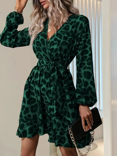 Printed Surplice Balloon Sleeve Mini Dress