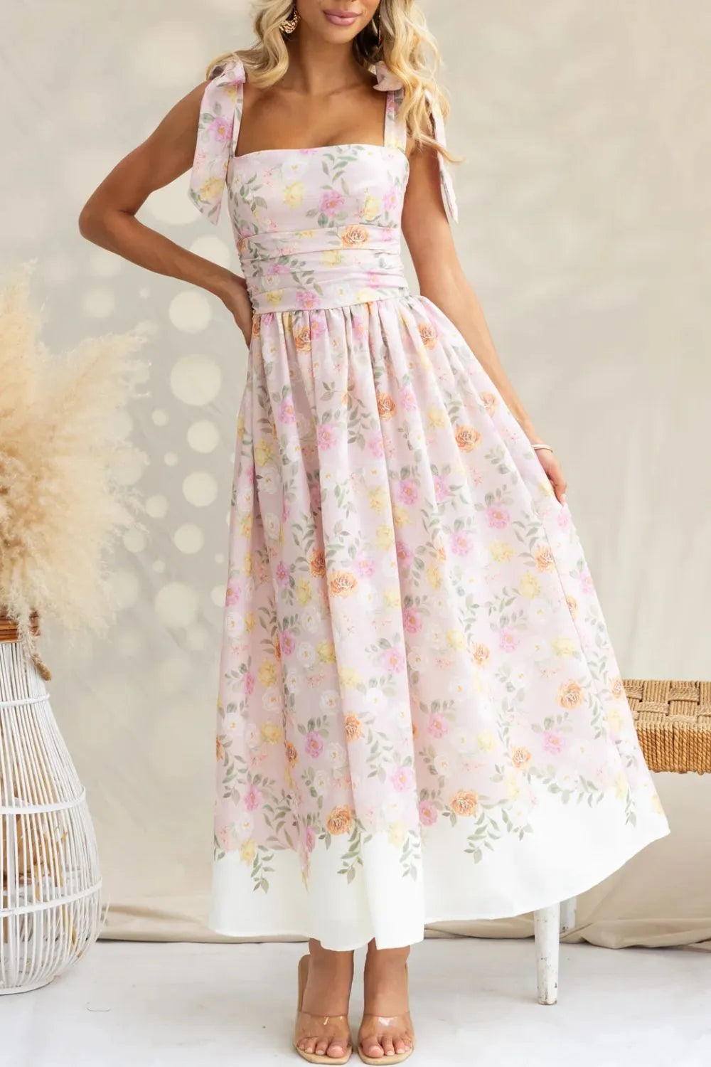 Printed Tie Shoulder Midi Cami Dress