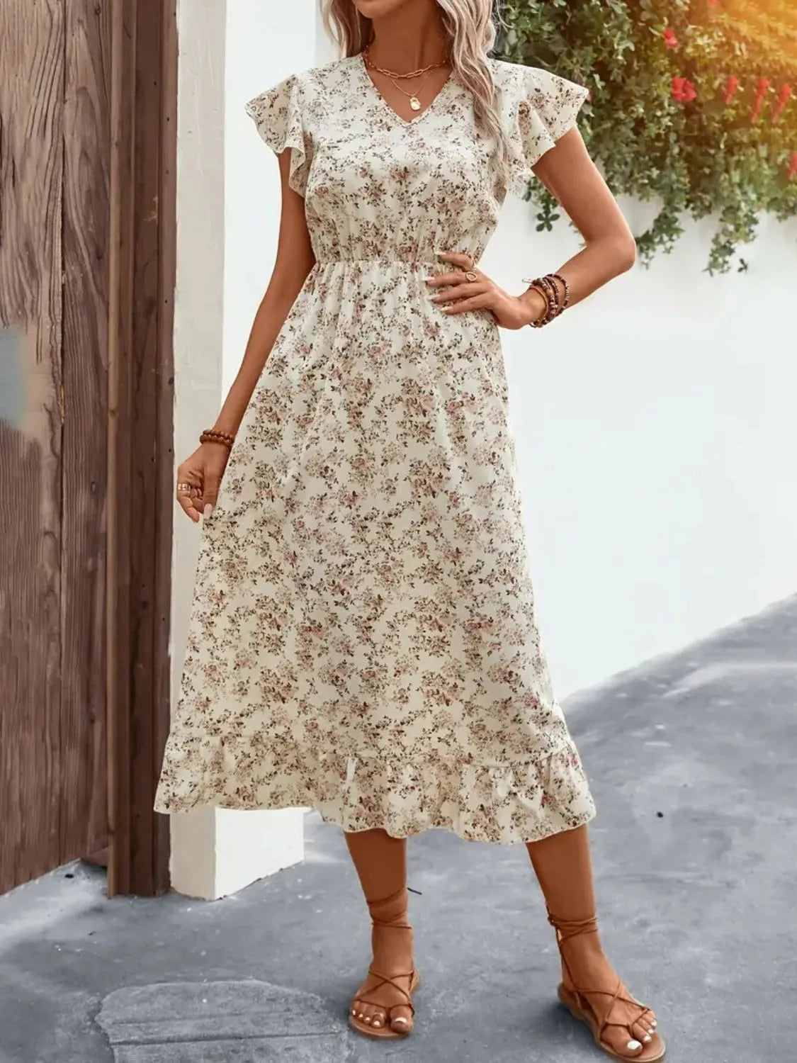 Ruffled Floral V-Neck Cap Sleeve Dress