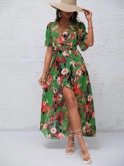 Printed Surplice Short Sleeve Maxi Dress