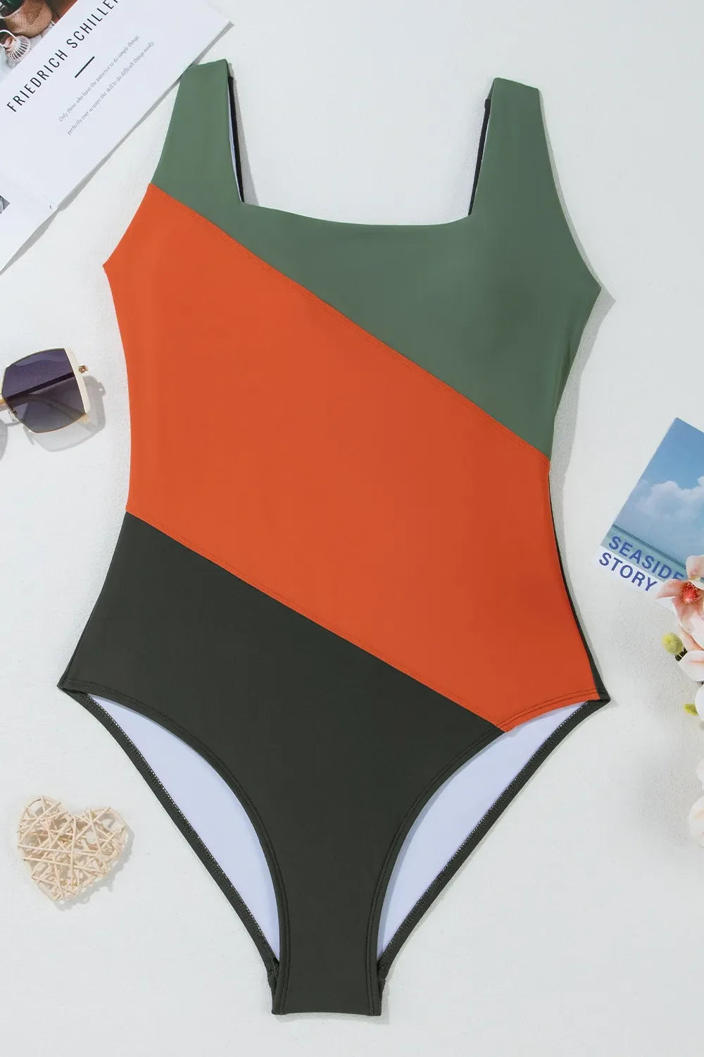 Color Block Padded Square Neck One Piece Swimsuit
