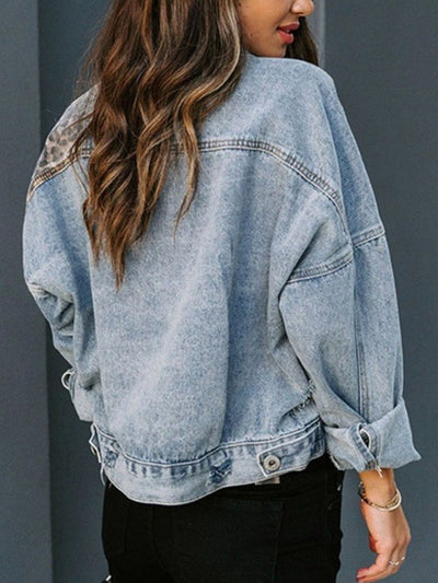 Distressed Leopard Drop Shoulder Denim Jacket