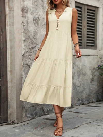Ivy Lane Decorative Button Notched Sleeveless Dress