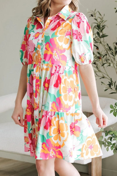 Button Down Floral Puff Sleeve Babydoll Dress