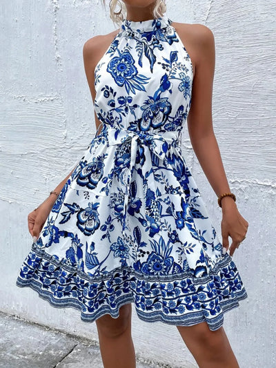 Printed Tie Waist Mini Dress