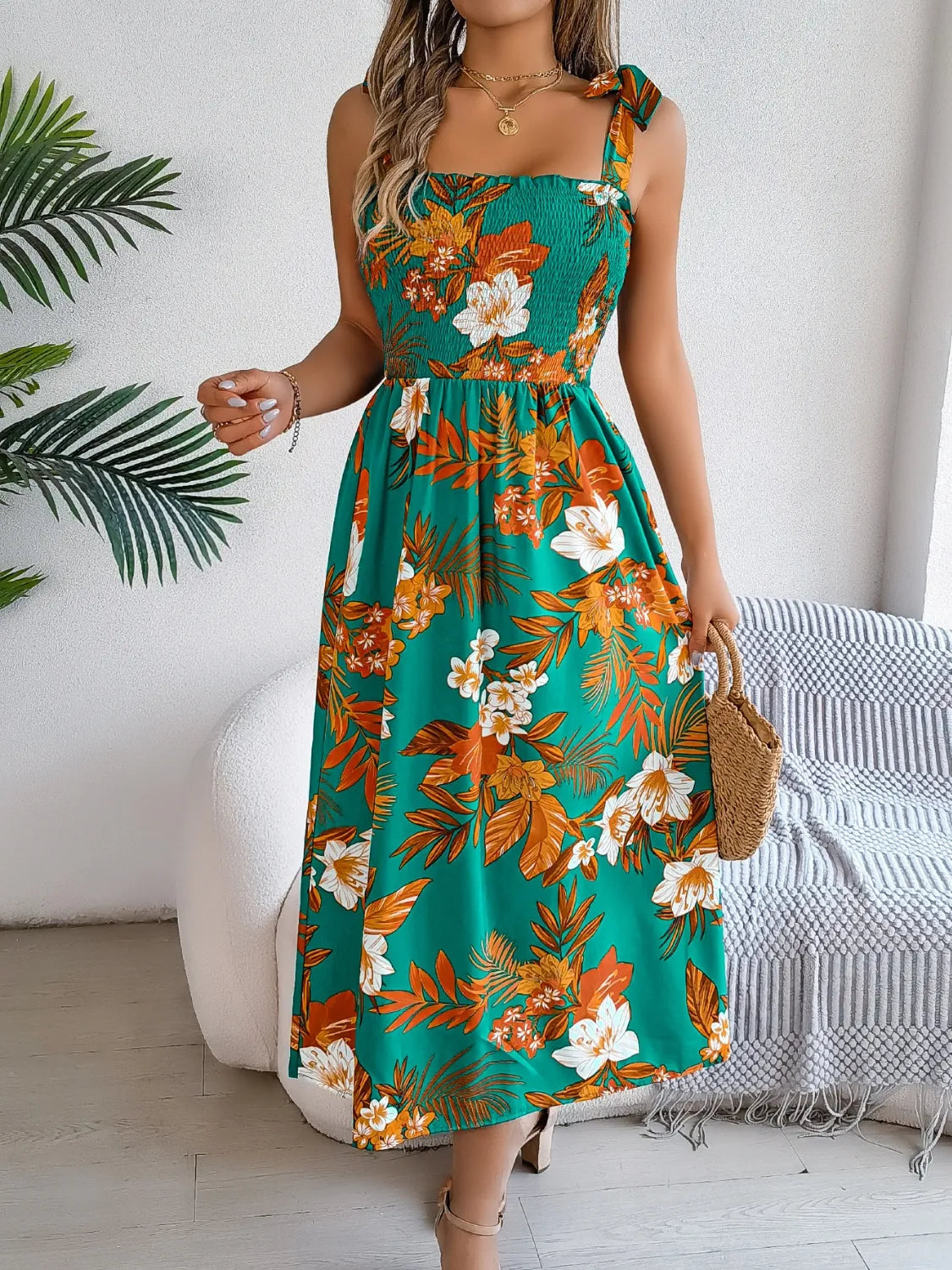 Smocked Floral Tie Shoulder Midi Dress