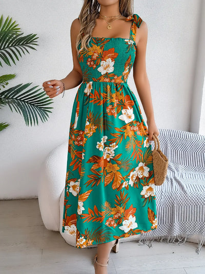 Smocked Floral Tie Shoulder Midi Dress