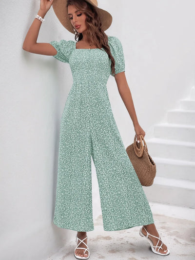 Printed Square Neck Puff Sleeve Jumpsuit