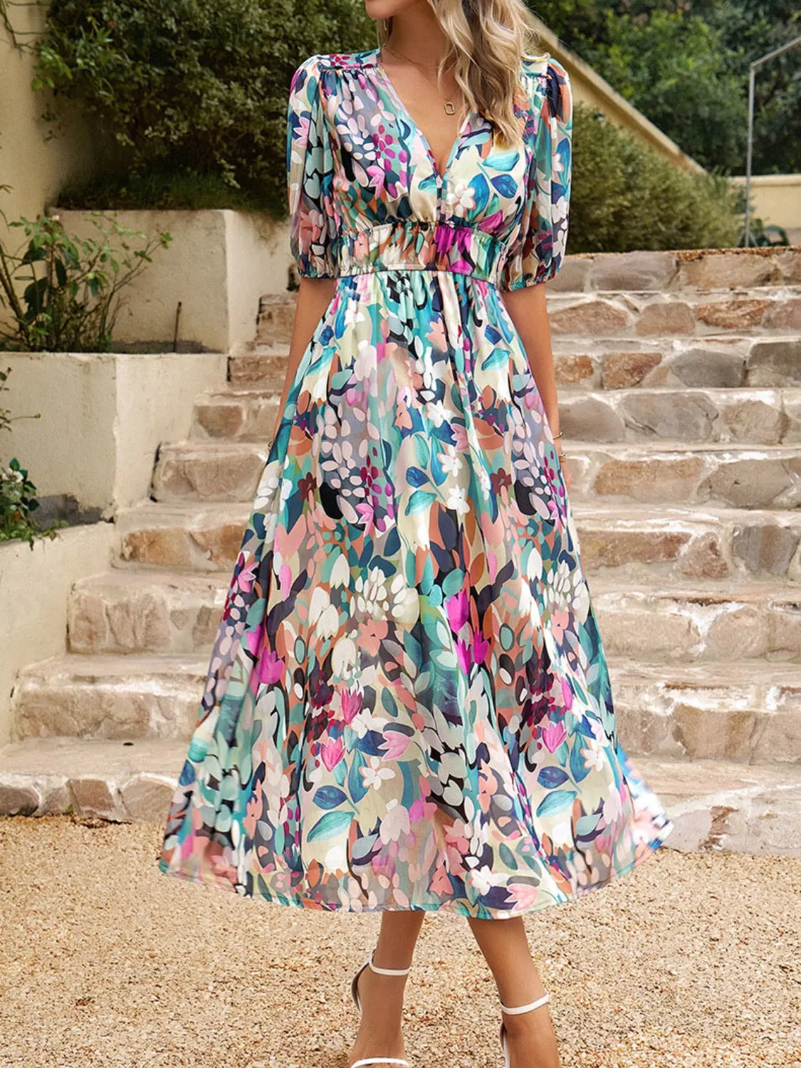 Printed Puff Sleeve Midi Dress