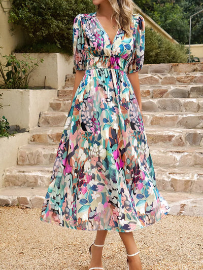 Printed Puff Sleeve Midi Dress