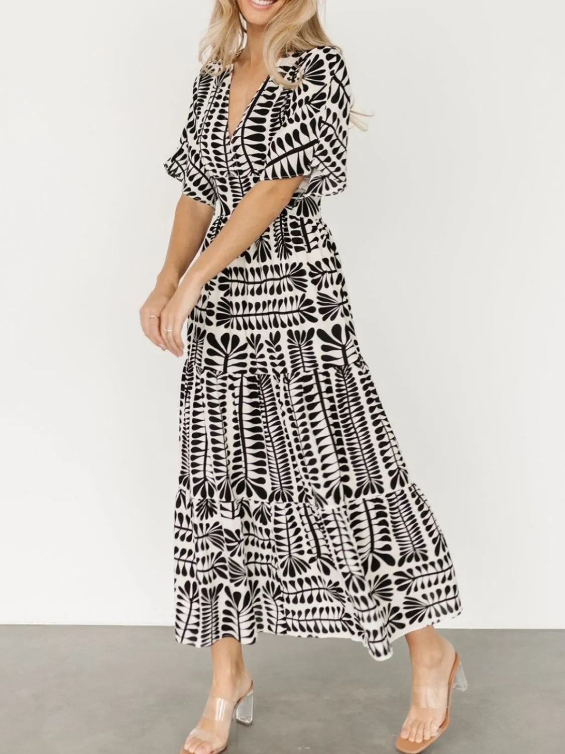 Ruched Printed V-Neck Half Sleeve Midi Dress