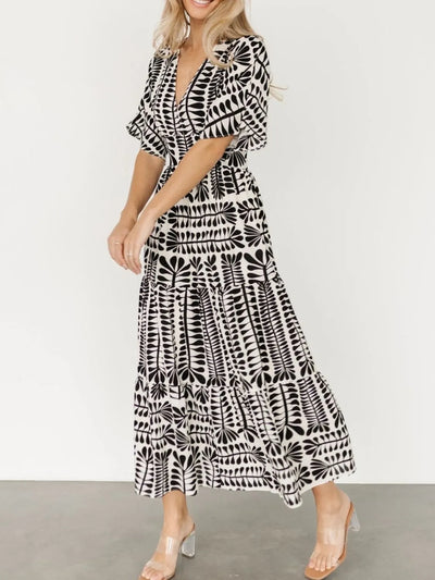 Ruched Printed V-Neck Half Sleeve Midi Dress