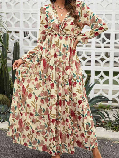Frill Printed V-Neck Flounce Sleeve Dress