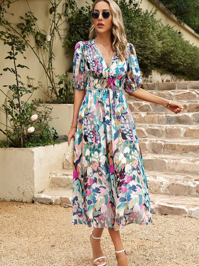 Printed Puff Sleeve Midi Dress